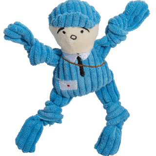 Tiny plush corduroy mail carrier dog toy with knotted limbs, blue body embroidered with a tie, envelope, and satchel, and blue hat.