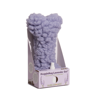 Toy and lavender calming spray set: lavender colored HuggleFleece® bone plush dog toy with squeaker and calming lavender spray in packaging.