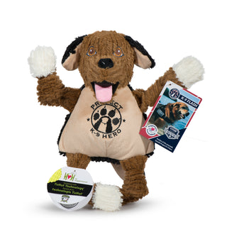 Brown dog durable plush fuzzy corduroy dog toy with squeakers, brown head, brown knotted limbs, tan inner ears and belly with Project K-9 logo embroidered in black, black ears and back, and four white paws. Tags are attached to toy.