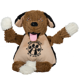 Brown dog durable plush fuzzy corduroy dog toy with squeakers, brown head, brown knotted limbs, tan inner ears and belly with Project K-9 logo embroidered in black, black ears and back, and four white paws.