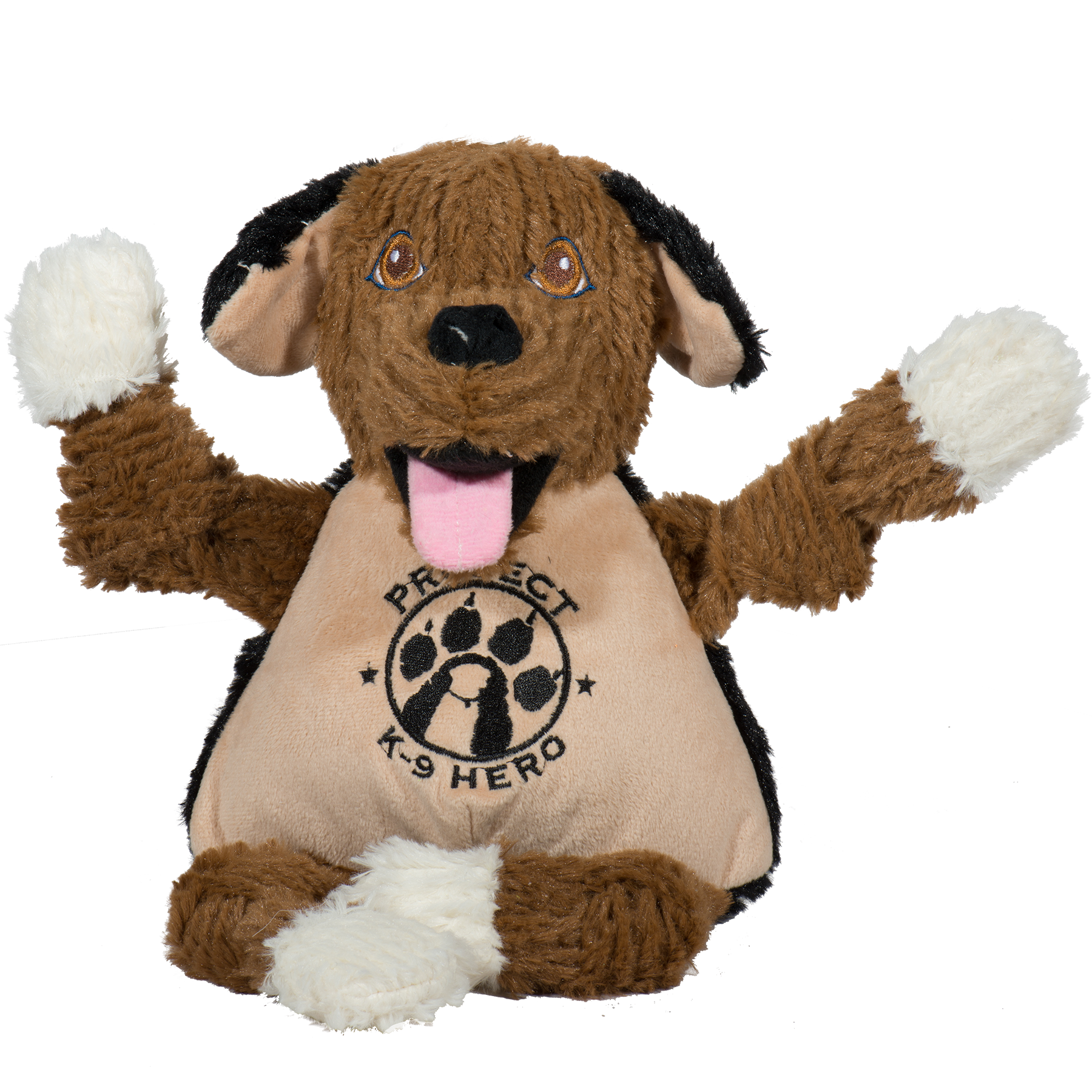 Project K-9 Hero Flash Knottie- Brown dog with black ears, and white paws. Open mouth with tongue out. Brown open eyes. "Project K-9 Hero" written on belly.