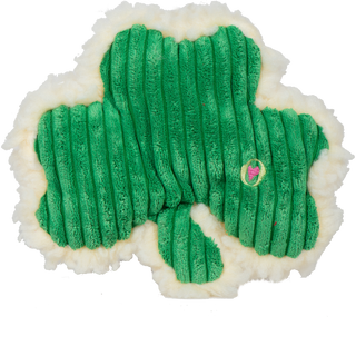 Green corduroy plush shamrock dog toy with fluffy HuggleFleece® fabric on the back and squeaker inside.
