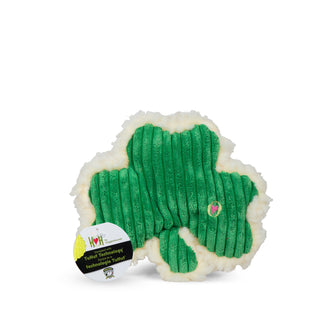 Green corduroy plush shamrock dog toy with fluffy HuggleFleece® fabric on the back and squeaker inside with tag.