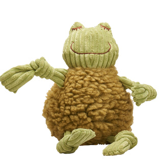 Frog shaped plush dog toy: olive green fluffy HuggleFleece® body, green limbs, and durable knotted corduroy limbs with squeakers in large.