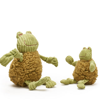 Set of two frog shaped plush dog toys: olive green fluffy HuggleFleece® body, green limbs, and durable knotted corduroy limbs with squeakers in large and small.