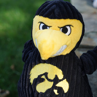 Close up of University of Iowa Herky the Hawk plush dog toy: has navy blue fur, yellow furred face, black eyes, white pupils, plush-out yellow beak, white teeth, navy blue furred body, arms and furred legs, and is squeaky with knotted limbs.