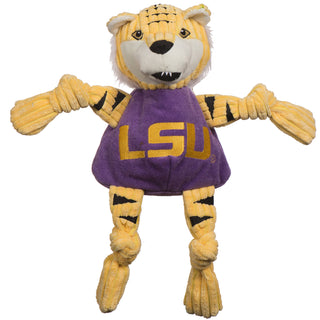 LSU Mike the Tiger mascot plush corduroy dog toy with yellow knotted limbs, yellow head, fluffy white hair around face, white inner ears, black stripes on head and limbs, white face, gold embroidered eyes, black nose, black open mouth with white fangs, wearing purple shirt with gold embroidered LSU logo across chest. Size large.