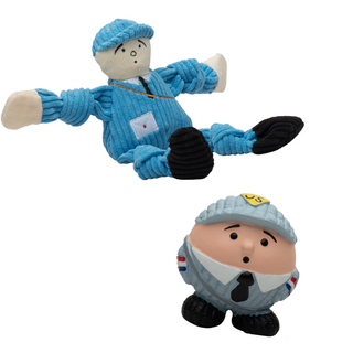 Set of two mail carrier dog toys in small sizes: one durable corduroy plush with knotted limbs and squeakers, wearing blue outfit and hat with skin-toned face and hands, black shoes and tie, and embroidered envelope on the front. The other is the same character in squeaky latex ball form.