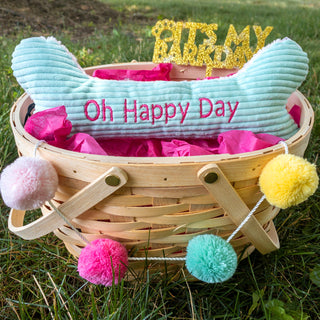 Light blue durable plush corduroy plush dog toy bone with "Oh Happy Day" embroidered in pink sitting in birthday basket