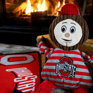 Ohio State University, Brutus the Buckeye plush dog toy: has red and gray hat, brown head, light-beige face, gray and white striped shirt, brown hands, has the university logo in red on the shirt, red pants, black shoes, and knotted limbs.