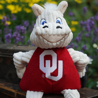 Portrait view University of Oklahoma Sooner plush dog toy: has white fur, white hair, blue eyes, white pupils, white furred plush-out nose and lips, black nose, beige lips, smiling facial expression, has on a red shirt with university logo, and knotted limbs.