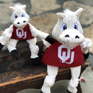 Set of two University of Oklahoma Sooner plush dog toy: has white fur, white hair, blue eyes, white pupils, white furred plush-out nose and lips, black nose, beige lips, has on a red shirt with university logo, black hands and feet, and knotted limbs.