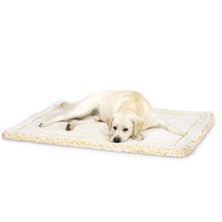 Yellow lab laying on natural colored mat. 