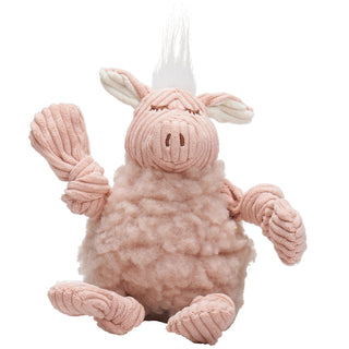 Small pig dog toy with pink fluffy HuggleFleece® body, white hair, white inner-ear, and is squeaky