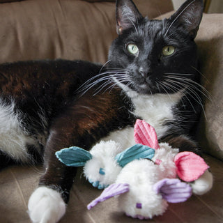 Black and white cat laying with set of three "dust bunny" cat toys with catnip in purple, pink, and teal blue: white fuzzy pouf balls with big colored corduroy ears, matching colored corduroy belly, matching colored embroidered nose, and black, knotted string tail.