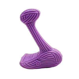 Purple bone dog chew toy made in the shape of an "L", with textured ridges all throughout the toy resembling corduroy texture. Size small.