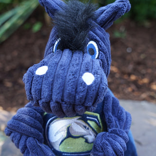 Close up of University of California Davis durable plush corduroy dog toy, with navy blue knotted limbs, navy blue head, black hair, and wearing a navy blue shirt with the university logo on chest.