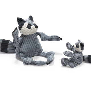Set of two raccoon durable plush corduroy dog toys: has black, gray, and white furred face, gray furred body and limbs, black nails, with a gray and black striped long tail. 