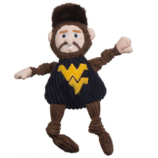 West Virginia University Mountaineer mascot durable plush corduroy dog toy with knotted limbs, brown sleeves, legs, beard and hair, brown fur hat, and navy shirt with West Virginia University logo on the front. Size large.