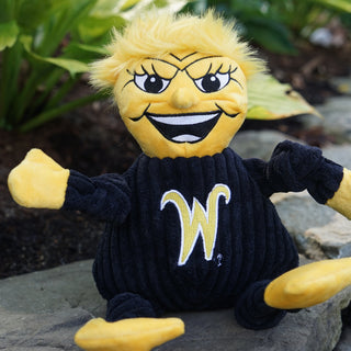 Wichita State University WuShock mascot durable plush corduroy dog toy with black body and gold hands, feet, and head. Wichita State logo located on front of body.