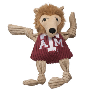 Texas A&M University Reveille tan collie durable plush corduroy dog toy with knotted limbs with furry mane around long face, black nose, and wearing maroon shirt with University logo on front chest. Size large.