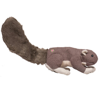 Large plush dog toy shaped like a squirrel with gray fur, grey faux-fur tail, and beige inner ears, feet and belly.