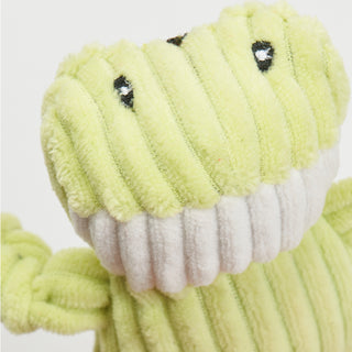 Close up of light green frog face to show corduroy texture and embroidered eye details.