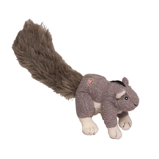 Small plush dog toy shaped like a squirrel with gray fur, grey faux-fur tail, and beige inner ears, feet and belly.