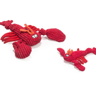 Set of two lobster durable plush corduroy dog toys in large and small: entirely red with two claws and eight legs with knotted tail, orange antennae, and silly face.