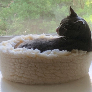Cat laying in XS sized natural colored HuggleFleece® dog/cat bed.