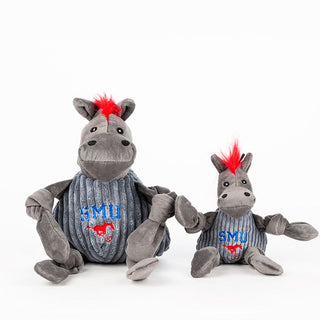 Set of two Southern Methodist University Peruna mascot durable plush dog toys in large and small: gray with red hair, black eyes, gray corduroy shirt with university logo across the chest, and knotted limbs with squeakers.