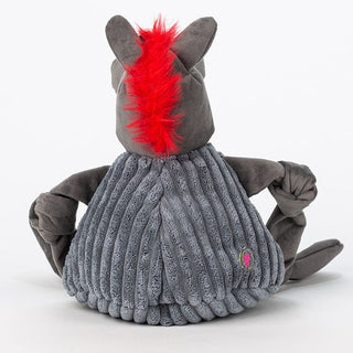 Back view of Peruna Knottie® mascot: gray body, grey corduroy shirt, and red mane.