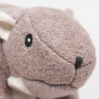Close up image of the squirrel shaped plush dog toy face. 