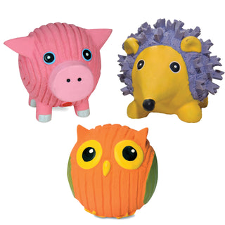 Set of three pig, porcupine, and owl, squeaky ball shaped plush dog toys: the pig is pink with a light-pink nose. Porcupine has purple spikes, yellow ears, yellow skin and a black nose. Owl has orange body, green wings, and yellow feet and eyes.  
